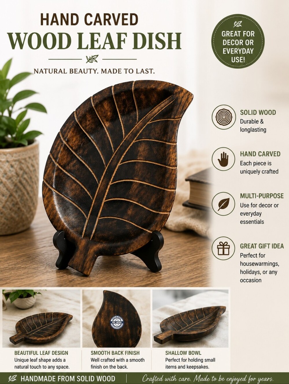 Hand Carved Wooden Leaf Dish Bowl Trinket‎ Catchall Rustic Farmhouse Decor